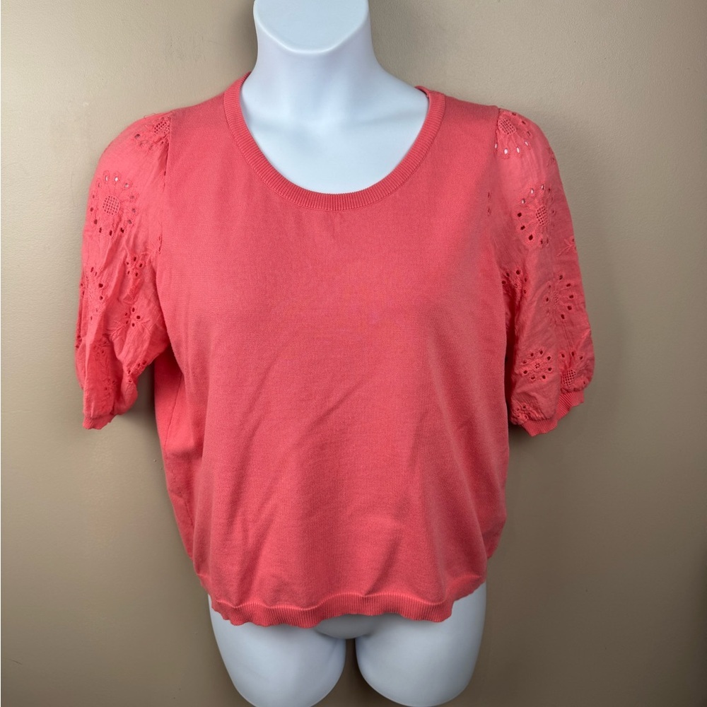 Nanette Lepore Coral Eyelet Puff Sleeve Knit Top Women’s XL Elastic Hem Blouse